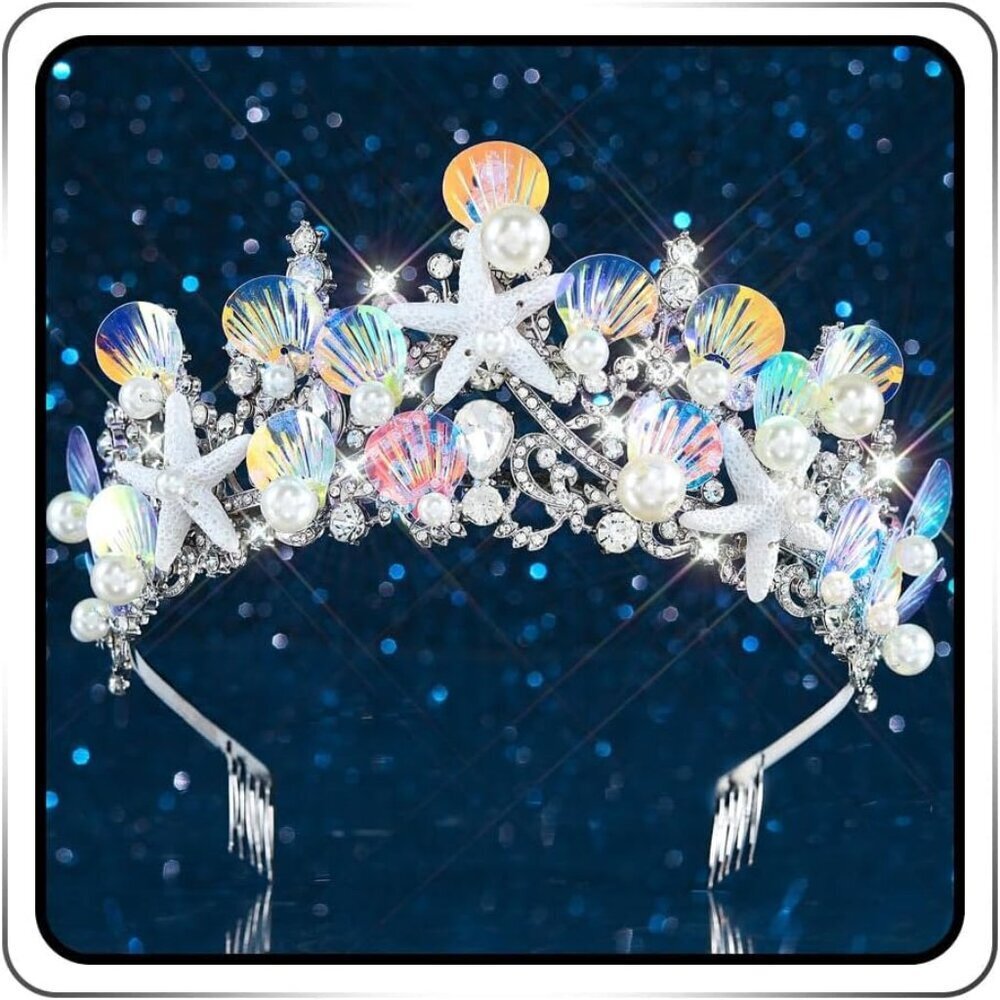 Mermaid Crown Silver Shell Tiara Rhinestone Ocean Princess Hair Accessory
